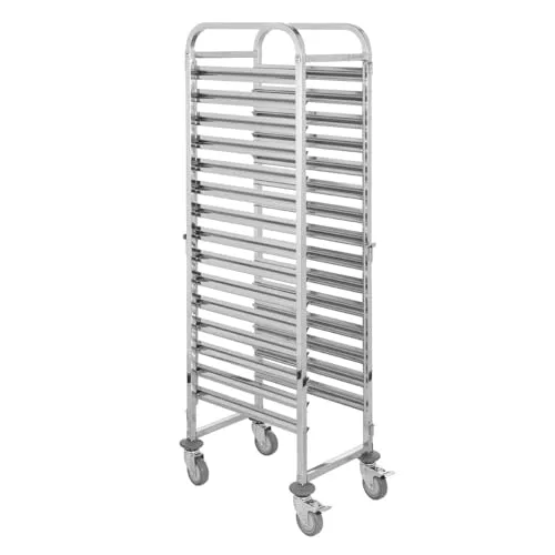 GastroHero Regalwagen ECO 15 EN 60 x 40 - Werkstatteinrichtung mit einfacher Schienenausführung, ideal für 15 x EN 40 x 60, 30 kg Kapazität pro Etage und platzsparenden Maßen von 470 x 620 x 1735 mm.