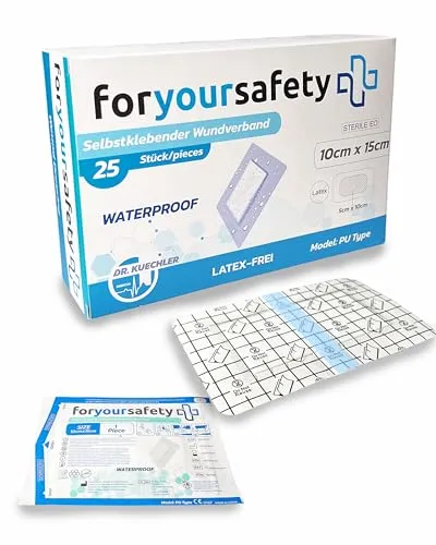 FORYOURSAFETY Wundpflaster wasserfest, Grössen 6x7, 10x10cm, 10x15cm, 10x20cm, sensitiv, Schützen bei Schnittwunden & Kratzern, Pflaster einzeln verpackt, Größe:10x15cm (25er Pack)