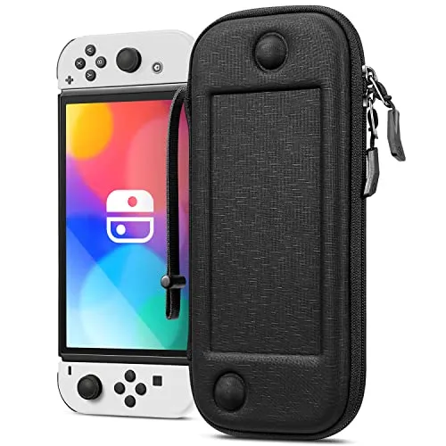 FINTIE Slim Tasche Kompatibel mit Nintendo Switch 2017/Switch OLED Modell 2021 - [Ultradünn] Stoßfeste Hartschalen Tragetasche mit 10 Spielkartenhaltern für Switch Konsole Joy-Con, Denim Schwarz