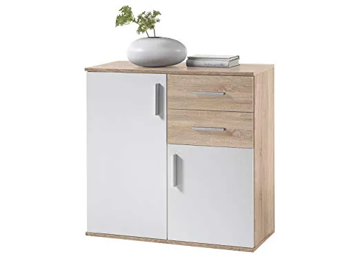möbelando Kommode Freida IV - Sonoma hell/Weiß - Kommode & Sideboard mit kompakter Größe (80x82x32 cm) und praktischem Stauraum hinter 2 Türen sowie 2 Schubkästen. Robust, leicht und ideal für jedes Zuhause.