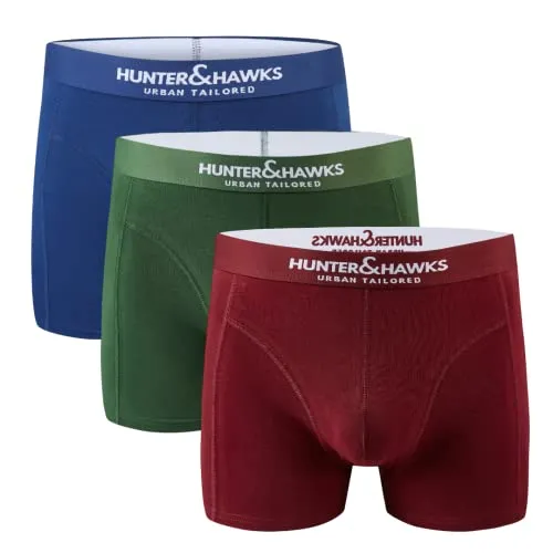 Hunter&Hawks Boxershorts Herren 3er Pack aus Bio-Baumwolle, S-6XL, Rot, Grün, Blau | Stretch Boxershorts Herren Baumwolle mit weicher Bund | Atmungsaktive Trunks, Anti-Scheuerunterwäsche