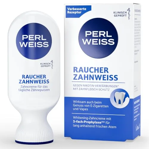 PERLWEISS Raucher Zahnweiss Whitening Zahncreme gegen Nikotinverfärbungen | 5-fach-Prophylaxe für Raucher und Vaper, remineralisiert den Zahnschmelz, sorgt für frischen Atem, vegane Rezeptur
