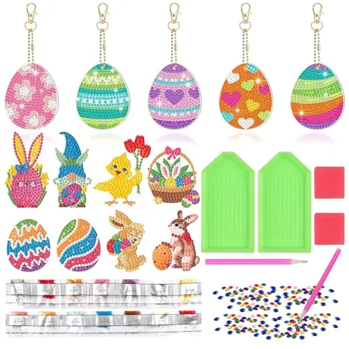 NTGFU 13 Stück Diamond Painting Ostern Set, Diamond Painting Schlüsselanhänger Doppelseitig Ostereier Deko 5D Anhänger Diamond Art Sticker Diamant Malerei Basteln DIY Kinder Geschenk