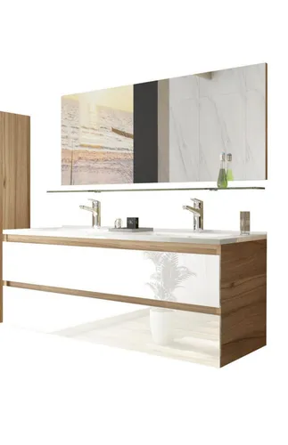 Badmöbel-Set Leonard mit Doppelwaschtisch in Eiche/Weiß - Komplettes Badezimmermöbel-Set Leonard mit 120 cm Doppelwaschtisch und Spiegel. Hochwertige Verarbeitung in Hochglanz Weiß/Eiche, pflegeleicht und modern. Ideal für stilvolle Badezimmer.