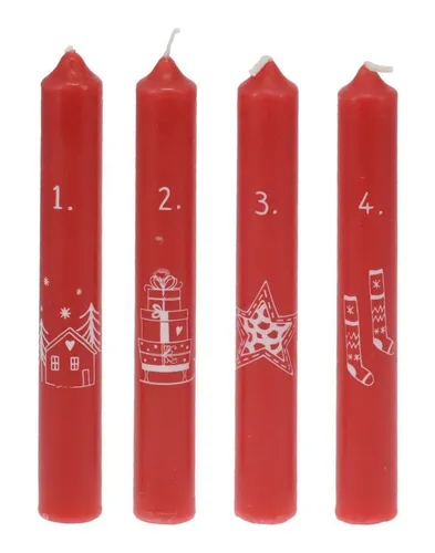 ZauberDeko Spitzkerze Stabkerzen Rot Advent 1-4 Zahlen Weihnachtsmotive 4 Stück 16 cm Hoch