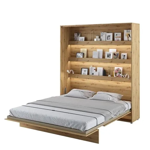 MEBLINI Schrankbett Bed Concept - Vertikales Klappbett mit Matratze - Platzsparendes Wandbett mit stabilem Metallrahmen und 17 cm Taschenfederkernmatratze. Ideal für kleine Räume, mit praktischem Stauraum und optionaler LED-Beleuchtung.