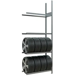 Anbauregal für Räder und Reifen, verzinkt, 2750 mm hoch - Werkstatteinrichtung mit beidseitiger Bestückung, belastbar bis 150 kg pro Ebene und individuell anpassbar für verschiedene Reifen- und Felgengrößen.