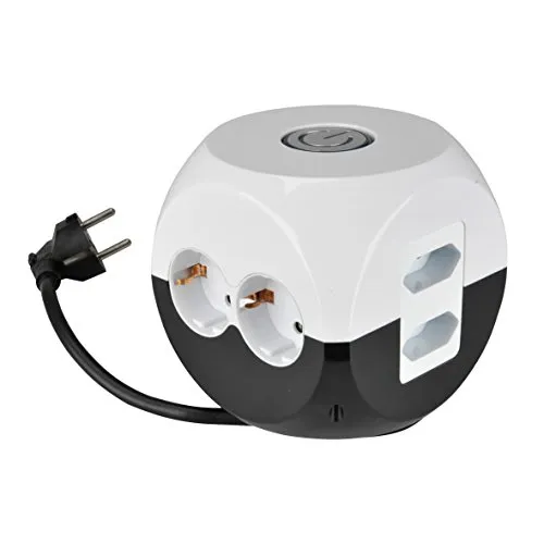 UNITEC Tischsteckdose als Würfel | 4 Schuko- und 2 Euro-Steckdosen | schwarz-weiß | 1,4m Zuleitung