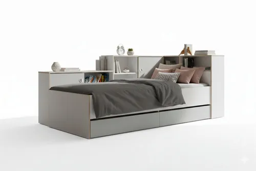 Deine Möbel 24 Jugendbett PAXO 90x200 cm mit Stauraum in Weiß/Grau - Das Jugendbett PAXO 90x200 cm bietet modernes Design und cleveren Stauraum. Integrierte Schubladen und offene Fächer sorgen für Ordnung im Kinder- oder Jugendzimmer. Ideal für kleine Räume!