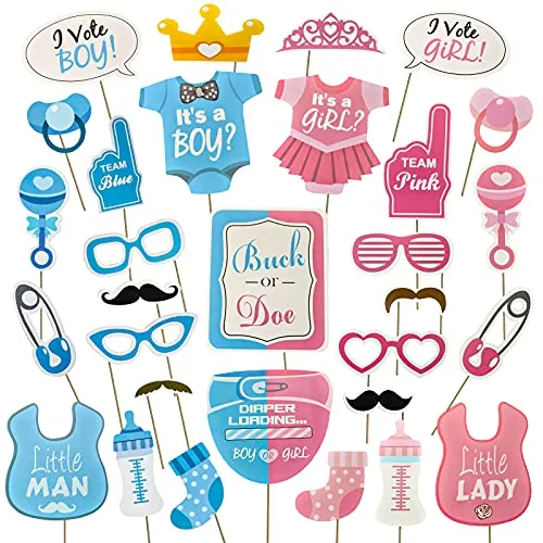 AIBAOBAO 30 Stück Babyparty Fotorequisiten, Baby Shower Fotoaccessoires, Masken, Neugeborene Foto Stützen, Photo Booth Props, Jungen Mädchen Geschlecht offenbaren Photo Booth Requisiten DIY Kit