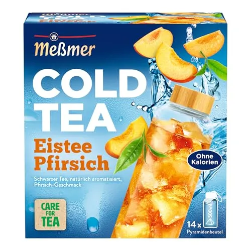 Meßmer Cold Tea Eistee Pfirsich | Schwarzer Tee mit Pfirsich-Geschmack | Kaltaufguss | ohne Zuckerzusatz | 14 Pyramidenbeutel