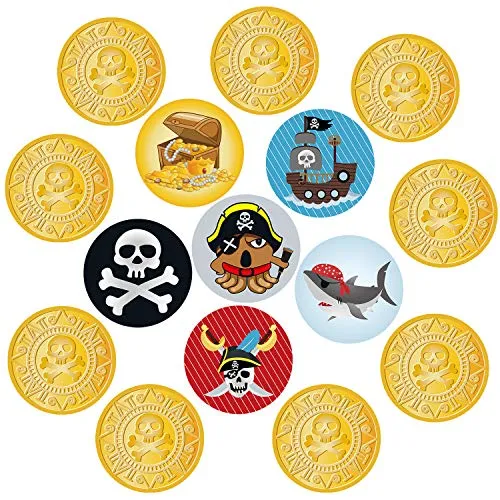 Oblique Unique® 15 x Konfetti mit Piraten Gold Münzen Schiff Schatzkiste Totenkopf Rund in für Piraten Party Kinder Geburtstag Tisch Deko Streudeko