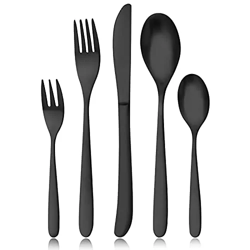 Matt Schwarz Besteck Set 6 Personen, Bettlife Essbesteck 30 teilig, Messer Gabel Löffel Set Service für 6, spülmaschinenfest