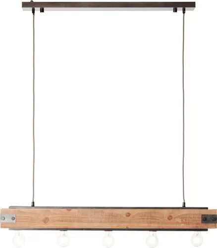 Rustikale Pendelleuchte mit fünf E27 Fassungen aus Holz und schwarzem Metall mit kürzbarem Seil