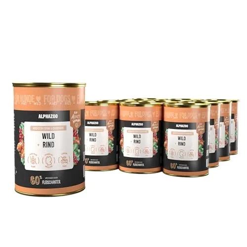 alphazoo Nassfutter Hund Duoprotein Wild + Rind 12×400g – getreidefreies Nassfutter Hund mit hochwertigem Protein, Süßkartoffel & Cranberries – Premium Hundefutter Made in Germany