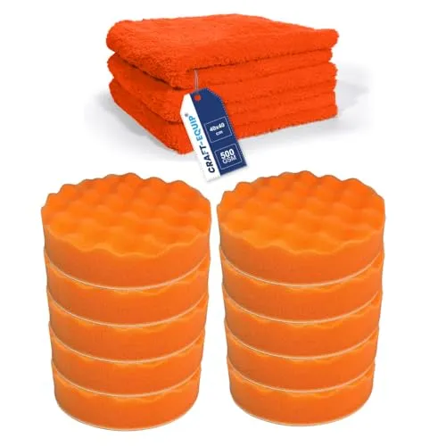 Craft-Equip Basic 13er Sparpack 150mm Polierschwämme orange gewaffelt + Craft-Equip orangene randlose Microfasertücher 40 x 40cm