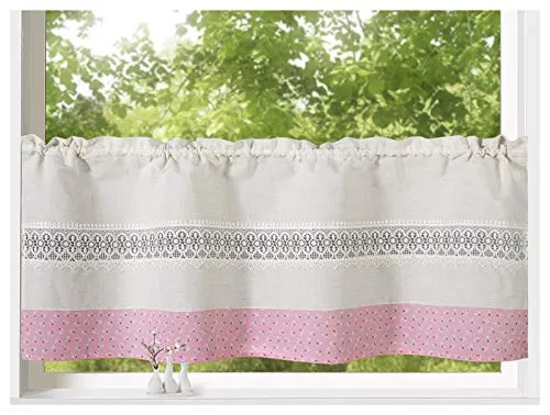 heimtexland ® Fensterdeko Scheibengardine Landhaus Natur Häkelborte Tilda Rosen Rosa HxB 45x120 Gardine Typ740