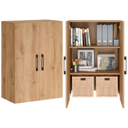 Bellamio Apol Mehrzweckschrank Eichenoptik – Vielseitiger Büroschrank mit 3 Fächern - Home-Office-Aufbewahrungsschrank in zeitloser Eichenoptik mit 2 Türen und verstellbaren Einlegeböden – ideal für praktischen Stauraum im Flur, Wohnzimmer oder Büro.