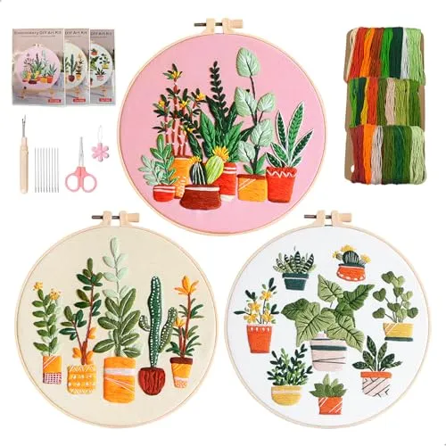 xiruiubao Sticken Set Erwachsene Lernen Stickset für Anfänger 3 Stück Embroidery Kit mit Kunststoff Stickrahmen Anleitung Werkzeug,Grüne Pflanzen Handgemachtes DIY Stick Set