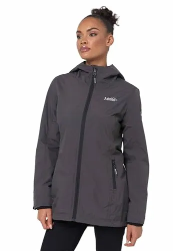 MARIKOO Übergangsjacke Damen (XS-XXL) - Atmungsaktiv, Innen Samtweicher Stoff, Kapuze, Winddicht - leichte Jacke lang - Stehkragen, 3 Taschen, verlängerter Zipper - Anthra L