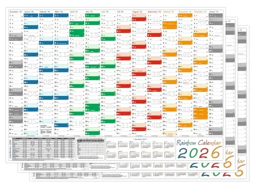 Stück Rainbow Wandkalender Wandplaner 2026 gefaltet DIN A1 Format (594 x 841 mm) mit 14 Monaten 3