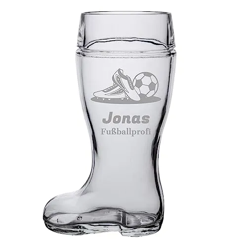 LUXENTU Bierstiefel mit Gravur, Bierglas mit 1,0 Liter Füllstrich, Personalisiertes Glas mit Name & Kneipen-Motiv, Geschenk zum Vatertag/Geburtstag, Spülmaschinengeeignet, Fußball & Schuhe