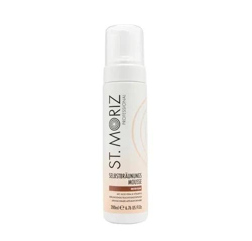 ST. MORIZ Professional Instant Tanning Mousse in Medium – schnelltrocknendes Selbstbräunungsmousse mit Applikatorfarbe – mit Aloe Vera und Vitamin E – Dermatologisch getestet ohne Tierversuche – 200ml