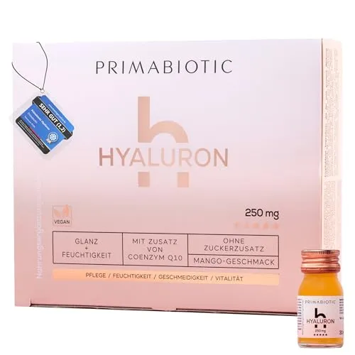Hyaluronsäure Trinkampullen – Primabiotic Hyaluron 250 mg | 30 Shots à 30 ml (900 ml) | Veganer Flüssiger Beauty Drink mit Mangogeschmack | Für Tiefenhydration & Elastisches, Glattes Hautbild