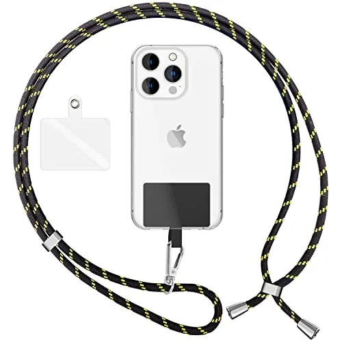 NALIA Bunte Universal-Kette mit Pad, Band für Handy-Hülle zum Umhängen, Karabinerhaken Anhänger Metall, Schlüsselband Umhängeband 160 cm, Crossbody Lanyard mit Schlaufe, Farbe:Schwarz Gelb