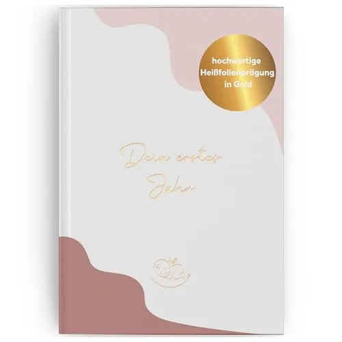 LEAF & GOLD® Edles Babyalbum für das erste Jahr I Baby Geschenk zur Geburt für Junge oder Mädchen I Babybuch mit goldener Folienprägung