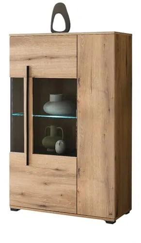 Furn.Design Highboard Design-D in Evoke Eiche Dekor - Elegantes Highboard mit 6 Staufächern und 2 Vitrinenfächern. Modernes Design und hochwertige Materialien sorgen für eine stilvolle und funktionale Einrichtung.