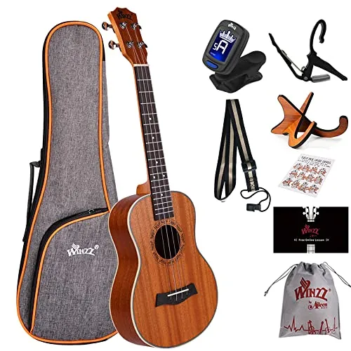 Winzz Tenor Ukulele 26 Zoll für Erwachsene und Anfänger - Ukulele Set mit Ständer und Kapodaster, hochwertiges Mahagoni für warmen Klang und ideale Einsteiger-Ausstattung.