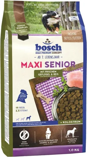 Bosch Maxi Senior Geflügel - 1 Kg, speziell für ältere Hunde großer Rassen ab 7 Jahren, mit frischem Geflügel und Reis, unterstützt das Immunsystem und verringert Übergewicht
