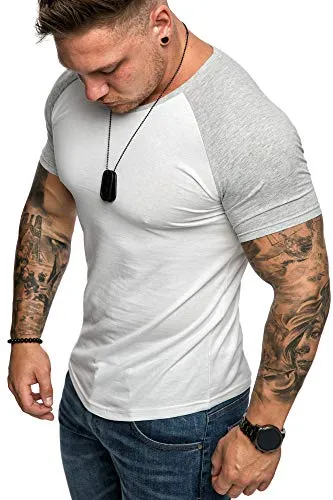 Amaci&Sons Oversize Doppel Farbig Herren Slim-Fit Crew Neck Basic T-Shirt Rundhals 1-0015 Weiß/Grau XL