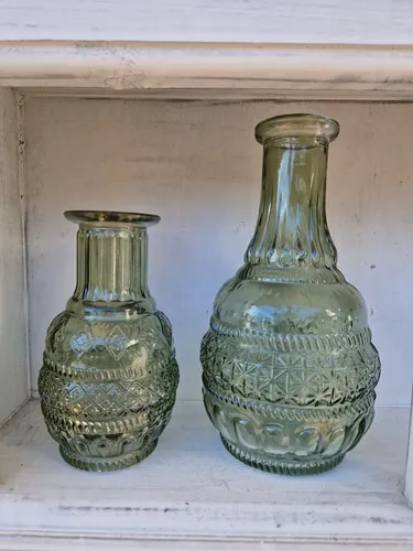 Vasen Antiklook 2er Set Glas Salbeigrün 7x7x13 cm+9,5x9,5x17,5 cm