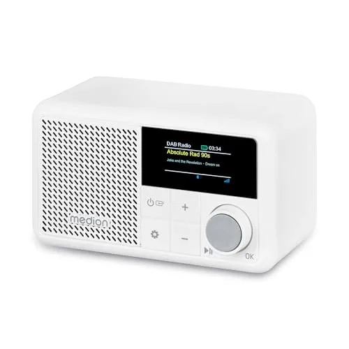Medion® Radio DAB+ mit Bluetooth 5.3 - DAB+ Radio mit Bluetooth 5.3, integrierter Akku und Spritzwasserschutz – ideal für unterwegs und im Garten.
