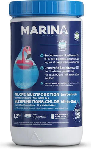 Marina Chlor Multitabs 20g - 60 Tabletten für sauberes Poolwasser - Sonstiges Poolzubehör - Multifunktionale Chlortabletten, die 99,99% der Bakterien beseitigen und Algenwachstum verhindern. Ideal für Pools von 2m³ bis 25m³, sorgen für langanhaltende Hygiene und Klarheit.