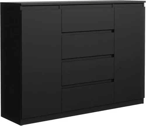 meble masztalerz Kommode Matt mit 4 Schubladen und 2 Türen 140 cm, Sideboard Wohnzimmer, Schlafzimmer H: 101,5 cm, B: 138,6 cm, T: 39 cm Kommode mit Schubladen, Schubladenschrank (Schwarz)