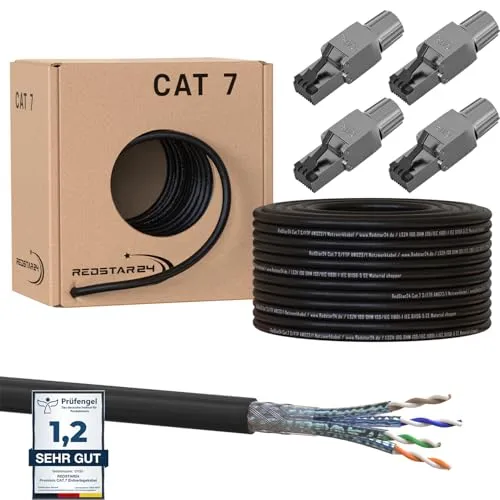 50m Cat7 Erdkabel Verlegekabel + 4x RJ45 Stecker Werkzeuglos CAT 8 Outdoor Lan Kabel Installationskabel CAT 7 Ethernet Netzwerk 1000MHz Datenkabel AWG23/1 Netzwerkkabel für Außenbereich UV-beständig