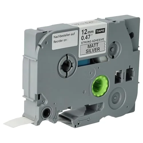 vhbw Schriftband-Kassette kompatibel mit Brother PT D600, D450, D450VP Etiketten-Drucker 8m x 12mm Schwarz auf Matt-Silber, Extra Stark, Laminiert