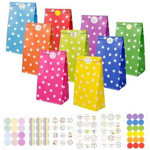 Carehabi Kindergeburtstag Papiertüten, 40 Papiertüten und 82 Aufkleber, 24 x 13 x 8 cm, Candy Tüten zum Verpacken von Geschenken, Giveaways, Kindergeburtstag, Hochzeit, Party, usw