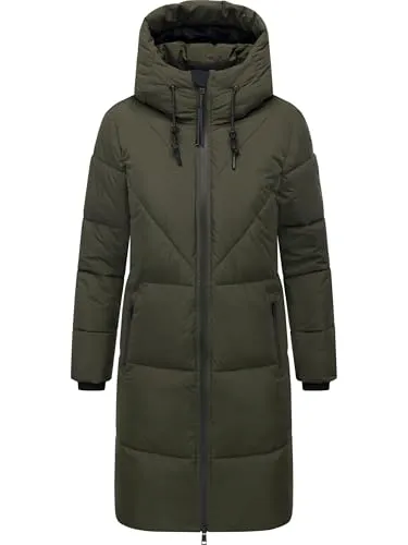 Navahoo Damen Langer Wintermantel warmer Steppmantel mit großer Kapuze und Fleece-gefütterten Kragen Kältekuschel XIV Dark Olive Gr. XL