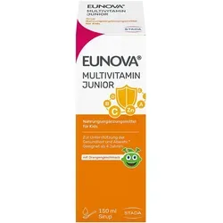 Eunova Junior Sirup Multivitamine für Kids - Nahrungsergänzungsmittel für Kids ab 4 Jahren mit 12 Vitaminen, leckerem Orangengeschmack und ohne künstliche Zusatzstoffe – ideal für ein starkes Immunsystem und mehr Energie.