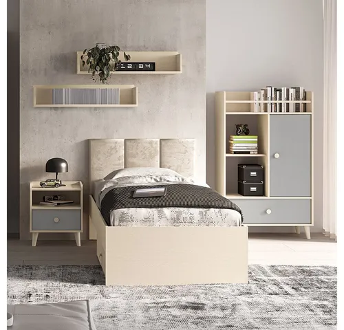 Lomadox Jugendzimmer-Set MODICA-131, (Sparset, 5-tlg., Bett Nachtschrank Regal Wandboards), sandbeige mit grau, Liegefläche 90x200 & Polsterkopfteil in Velour