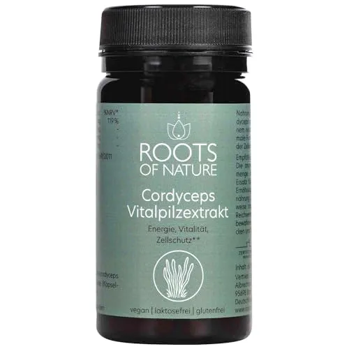 ROOTS OF NATURE Cordyceps Extrakt Kapseln – hochdosiert & vegan - Pflanzliches Ergänzungsmittel mit hochwertigem Cordyceps-Extrakt und Vitamin C, unterstützt das Immunsystem und schützt Zellen vor oxidativem Stress, gluten- und laktosefrei.