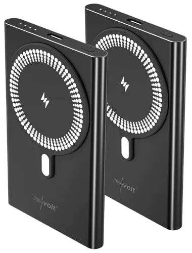 revolt MagSafe Powerbank iPhone: 2er-Set Flache Powerbanks, 5.000 mAh, 20 W PD, Qi- & MagSafe-komp. (Slim, Handy klein, Ladestation)