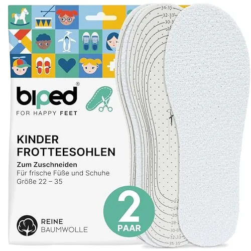 biped 2 Paar Kinder Frottee Einlegesohlen aus Baumwolle - Ideal zum barfuß Tragen - Schuheinlagen gegen Schweißfüße - Waschbare Frischesohlen zum Zuschneiden z2776