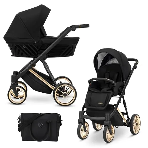 Kunert® IVENTO 2 in 1 Kinderwagen Kombikinderwagen komplettset I incl. Babywanne & Buggy Sportsitz mit Wickeltasche/Regenschutz +Fußsack I IVE 12 DEEP BLACK/GOLD FRAME