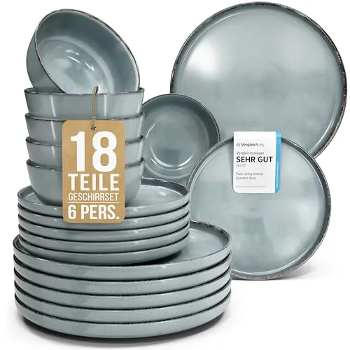 Steingut Geschirrset 6 Personen Rustic 18 tlg. TESTSIEGER, Hochwertiges Landhaussttil Steingut Geschirr Set, Schüssel- und Teller Set, Tafelservice 6 Personen, Geschirrsets Pure Living in Rauchblau