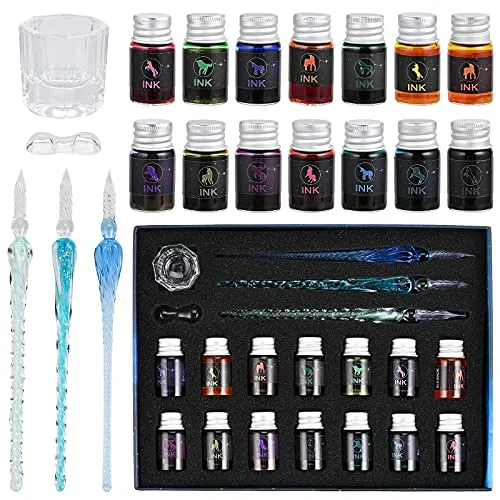 GOLDGE Federhalter aus Glas, 19PCS Set für Kalligraphie - Kalligraphie-Stifte Set mit 14 Tintenflaschen, 3 Glasstiften und hochwertigem Glasstifthalter. Perfekt für kreative Projekte und Geschenke mit einem eleganten Design für ein reibungsloses Schreiberlebnis.